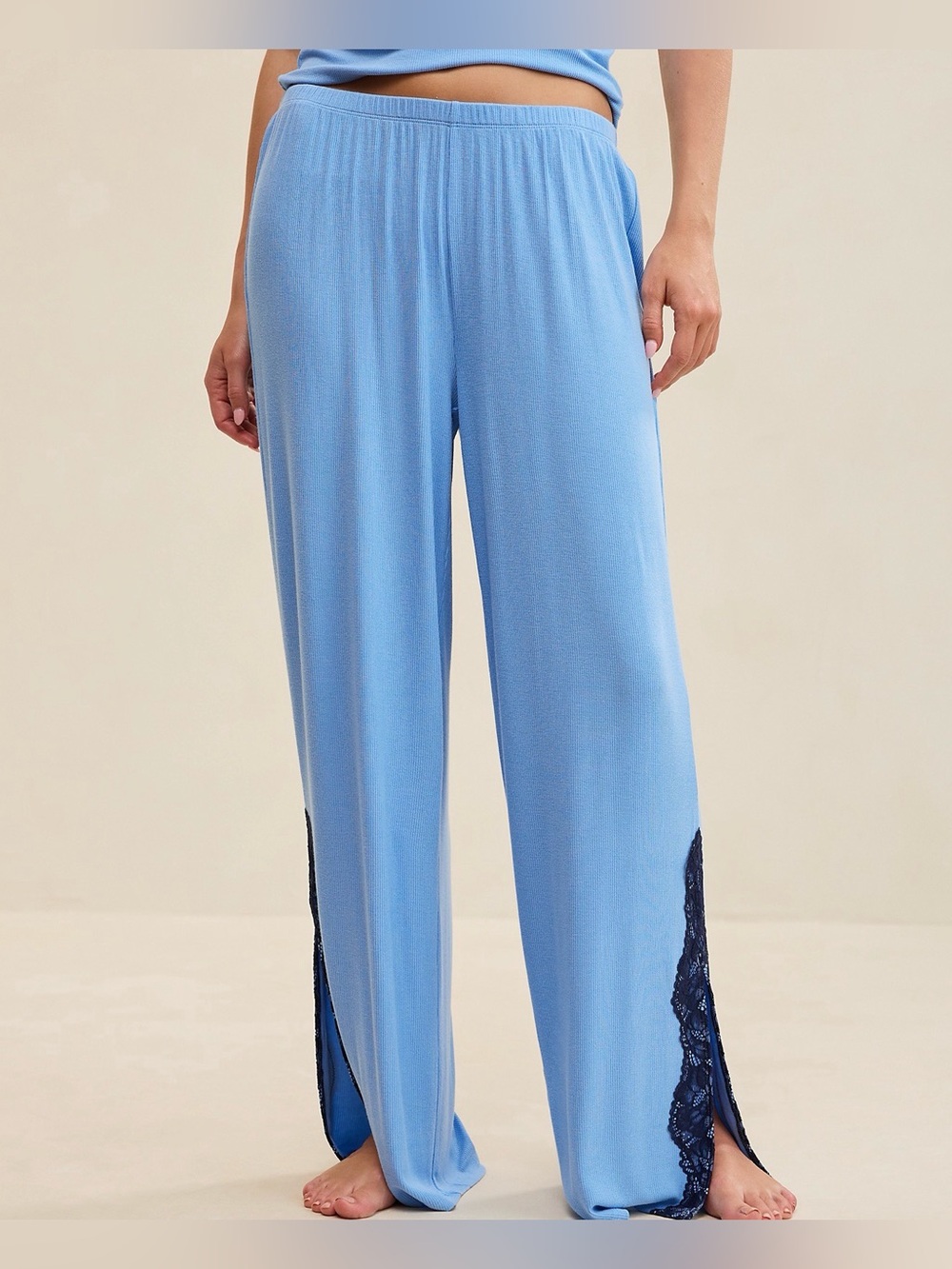 NWT OVERSLEPT by Aerie Real Soft Ribbed Trouser PJ | Horizon Sky | S